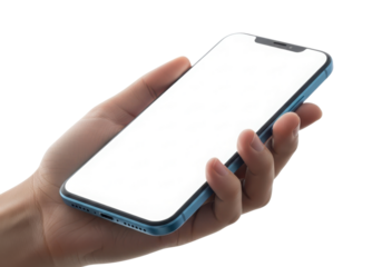 Hand holding modern smartphone with blank white screen isolated on transparent background
