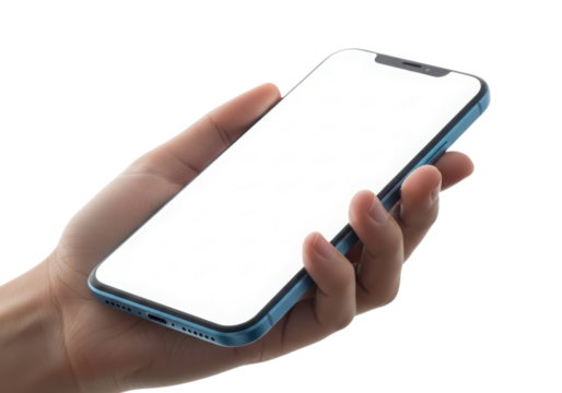 Hand holding modern smartphone with blank white screen isolated on transparent background - Powered by Adobe