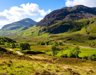 A vibrant vista showing a lush, green valley framed by towering, rugged mountains under a clear, bright blue sky with fluffy clouds