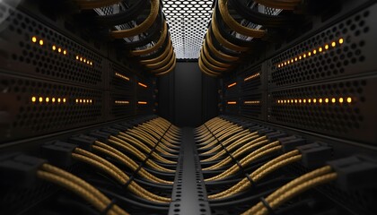 A futuristic server room interior with rows of computer equipment and illuminated panels viewed from a central perspective.