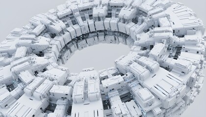 A futuristic cityscape is depicted in a circular formation showcasing white buildings densely packed around a central void on a gray background