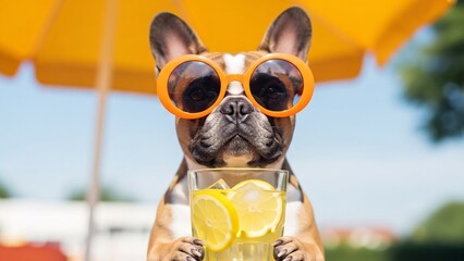 Playful Beach Dog Wearing Bright Sunglasses and Lemon Drink.