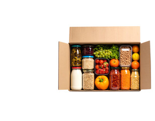 Fruits, vegetables, and shelf-stable items in a box, cut out