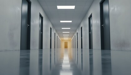 A long corridor with multiple doors and a shiny floor leads to a bright exit
