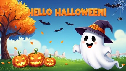 Friendly Ghost and Jack O Lantern Halloween Scene.