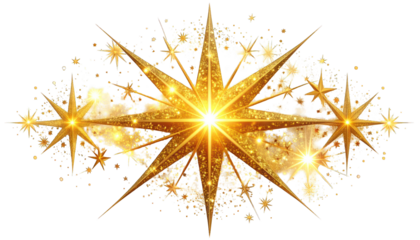 Shimmering gold stars, radiating light and surrounded by sparkling particles