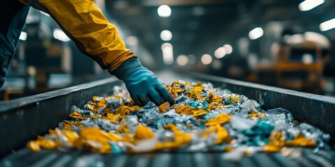 Waste sorting worker checking plastic and glass garbage on conveyor belt in recycling plant