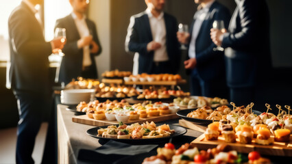 Business colleagues enjoying appetizers and drinks at a networking event with a variety of food on a table © Rahman