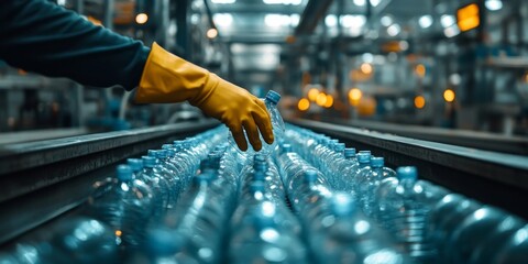 Factory worker checking plastic bottles on conveyor belt in recycling plant
