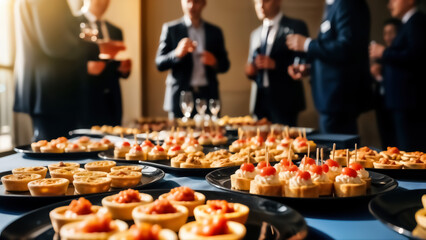 A table with various appetizers and canaps on black plates with people in business attire mingling in the background at a social event or party
