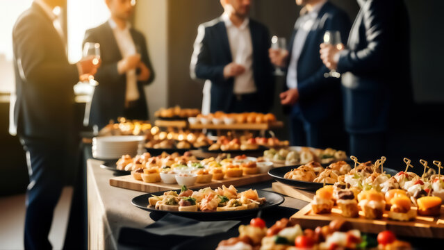 Business colleagues enjoying appetizers and drinks at a networking event with a variety of food on a table