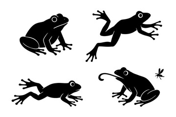 Silhouette collection of frogs in various poses with a fly.