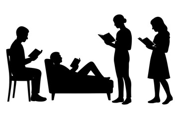 Silhouette of diverse people reading in various positions.
