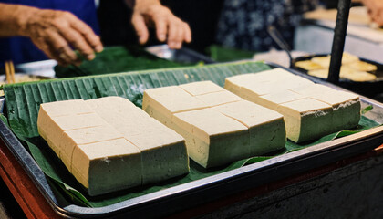 Fototapeta premium tofu pieces on a market stall tray with banana leaf accents