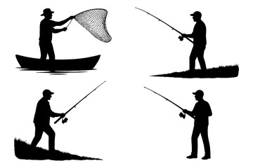 Silhouettes of male anglers fishing in various outdoor settings.