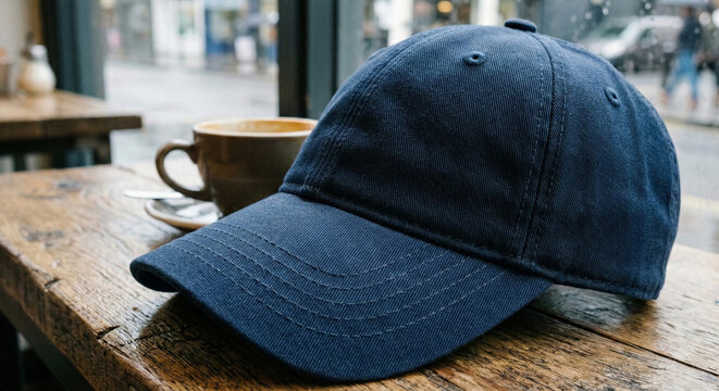 Navy Blue Baseball Cap Resting on Wooden Table in Cozy Cafe Setting Mockup