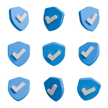 3D blue shield check mark icon set, security verification symbol bundle, safety approval badge collection on transparent background
