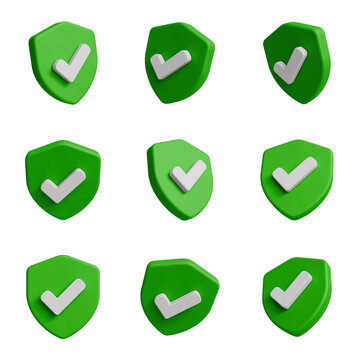 3D green shield check mark icon set, security verification symbol bundle, safety approval badge collection on transparent background
