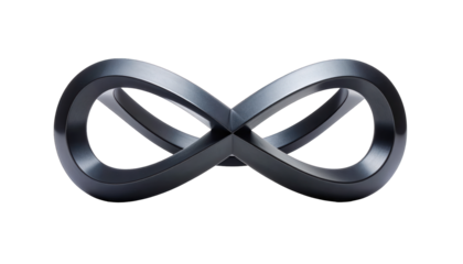 Metallic 3D render of the infinity symbol, floating against a black background