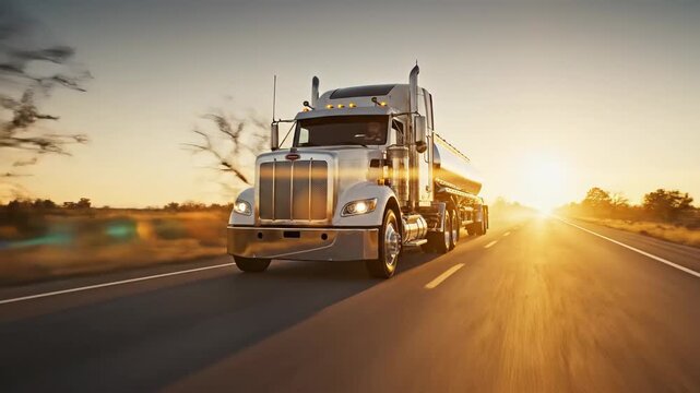 Commercial truck driving on highway at sunset