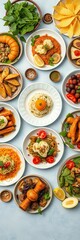 Top view flat lay of diverse global dishes beautifully plated, celebrating culinary artistry and diverse cuisines,  top view,  international