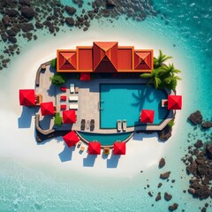Top-down view of a lavish beach club with pool, loungers, red umbrellas, white sand, coral, turquoise ocean, Bali coast,  serene,  exotic getaway