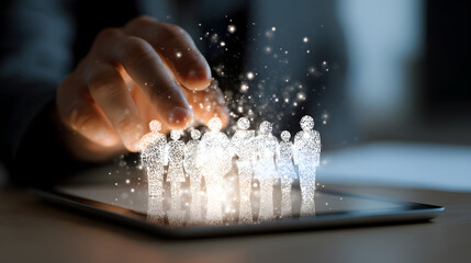 A hand interacting with a digital illustration of people on a tablet screen