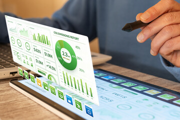 Hand using a stylus on a tablet, interacting with a futuristic dashboard showing co2 emissions, financial data, and sustainability metrics for corporate responsibility and environmental goals