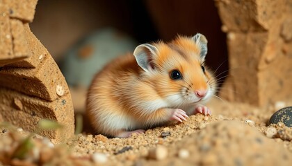 Tiny roborovski dwarf hamster with sand-colored fur exploring its cozy habitat Active and adorable, showcasing its curious nature,  sand color,  curious
