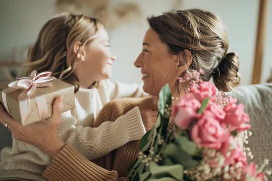 Cute preteen girl hugs a mature mother, gives her flowers and a gift box on mother's Day