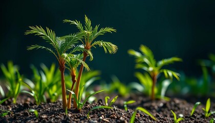 Tiny coconut palm trees sprout from fertile soil, lush green leaves unfurl,   nature photography,   stock photo