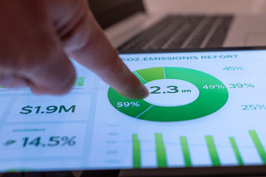 Hand pointing at a digital dashboard showing co2 emissions report with pie chart and financial data, analyzing corporate esg metrics for sustainable strategy and investment decisions - Powered by Adobe