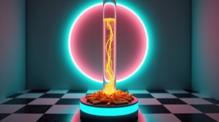 Futuristic neon portal with glowing energy column and abstract base