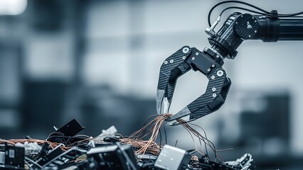 Robotic Arm Assembling Electronic Components in Factory.