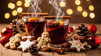Warm Cozy Holiday Scene with Hot Mulled Wine Christmas Cookies Pinecones and Decorations for Festive Celebration and Winter Holidays