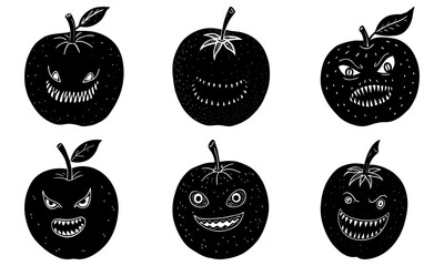 Six Apples with Cartoonish Faces on White Background