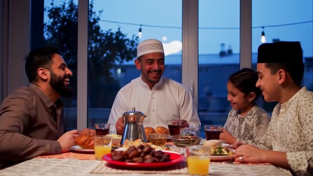 A family enjoys a meal together, likely during Ramadan