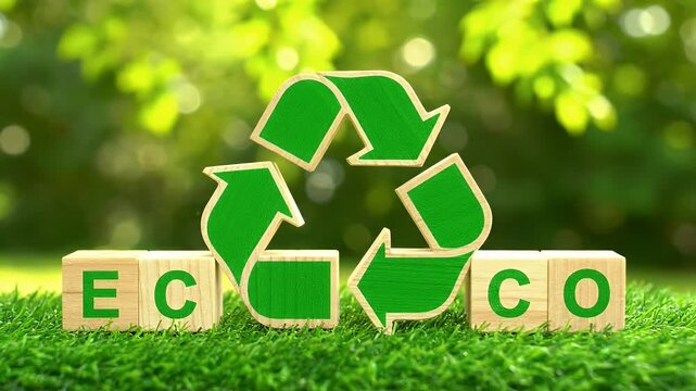 Green recycling symbol on eco blocks sits on grass in nature.
