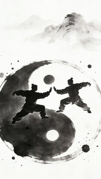 Ink Wash Painting of Two Martial Artists Practicing on a Tai Chi (Yin-Yang) Symbol, with Misty Mountain Landscape in the Background
