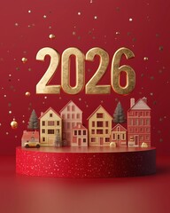 Luxury golden 3D number "2026" with paper-cut art houses on red background, featuring geometric shapes and clean lines for modern architecture themes, ideal for New Year posters, corporate cards, and 