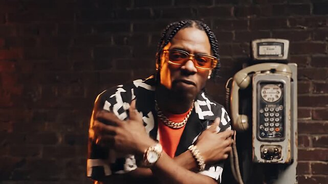 Stylish Hip Hop Artist Rapping in Front of Vintage Payphone Background
