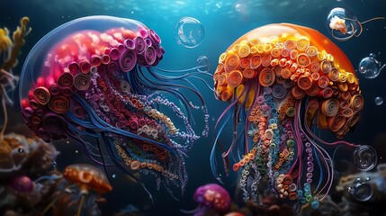 Colorful jellyfish floating in a vibrant ocean.