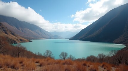 Majestic turquoise lake nestled between rugged mountains under a bright sunny sky