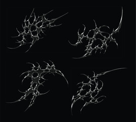 Set 3d chrome metal effect neo tribal y2k gothic style tattoo. Cyber sigilism abstract design. Black flame ornaments with sharp edges and metalcore aesthetic. Vector decorative elements