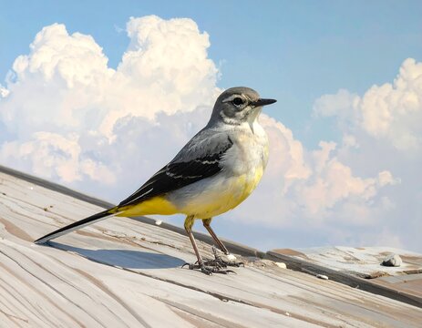 Elegant grey wagtail perched gracefully on a weathered wooden surface with blue sky