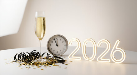 A champagne glass and clock strike midnight on New Year's Eve 2026