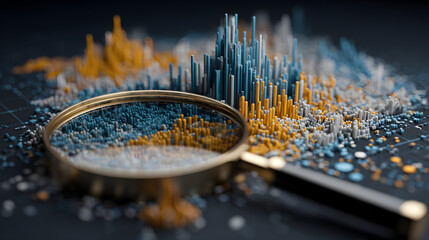 A magnifying glass lies on a vibrant 3D graph with blue, orange, and white bars, surrounded by scattered data points.