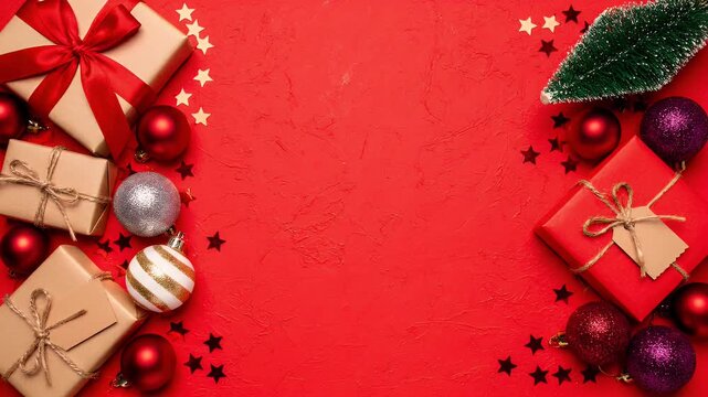 Christmas gifts and ornaments on a red background flat lay.