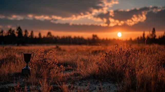 The Trophy Under Sunset: Capturing a dramatic scene of accomplishment amidst the serene beauty of nature, a lone trophy stands in a golden field, silhouetted against a breathtaking sunset.