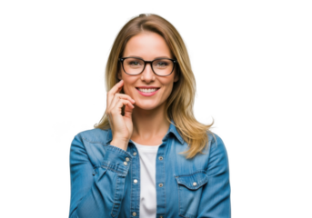 A beautiful blonde woman with glasses is smiling isolated on transparent background